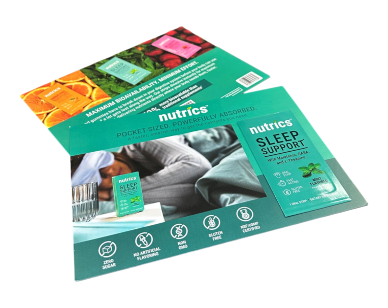 Custom printed sample cards for Nutrics Sleep Support oral strips, featuring full-color teal branding and product imagery, produced by United GMG.
