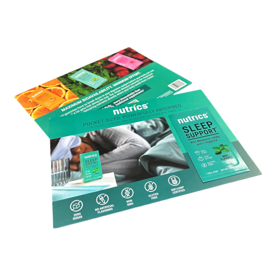 260749 Nutrics Sample Card Custom printed sample cards for Nutrics Sleep Support oral strips, featuring full-color teal branding and product imagery, produced by United GMG.