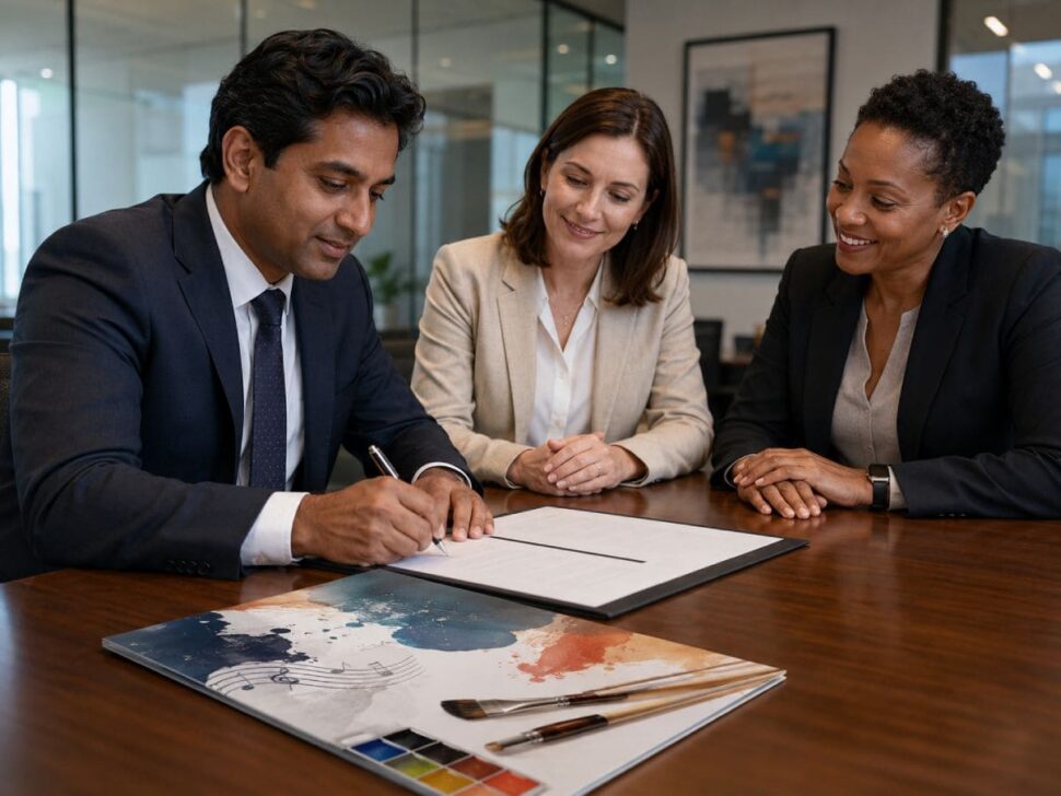 Local business owner signing corporate sponsorship agreement with school
