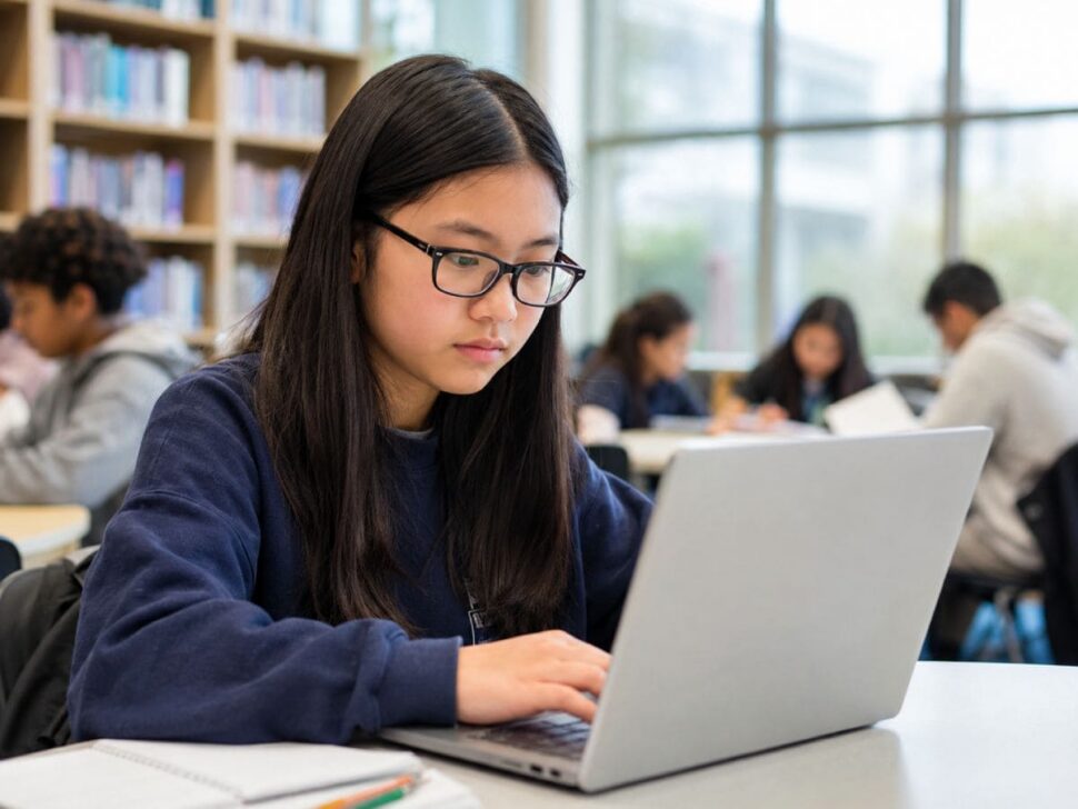 Middle school student using new classroom technology for research project