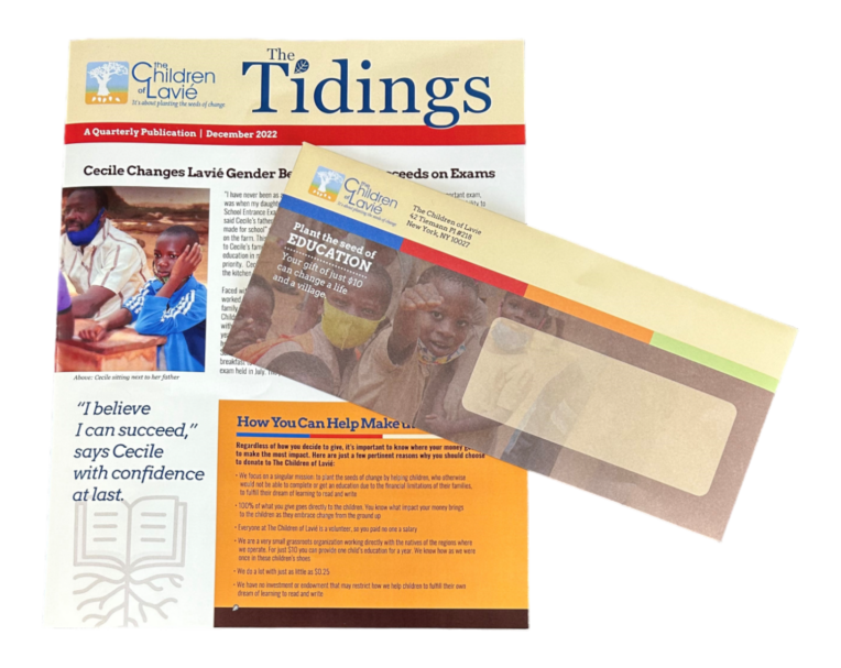 Custom printed quarterly newsletter and reply envelope for Children of Lavié nonprofit organization, produced by United GMG.