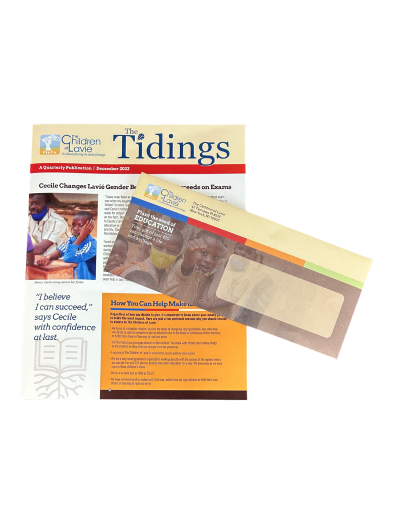 Newsletter Custom printed quarterly newsletter and reply envelope for Children of Lavié nonprofit organization, produced by United GMG.