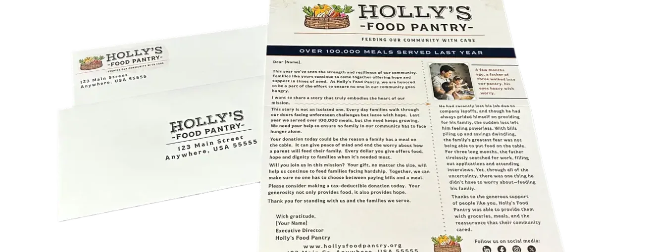 Printed specimen: a personalized appeal letter package with matching envelopes, produced at the United GMG plant