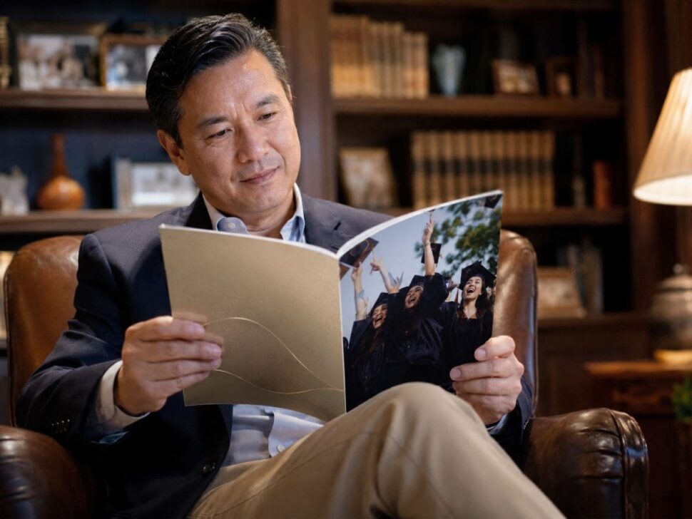 Thoughtful alumni reviewing higher education donor implact report