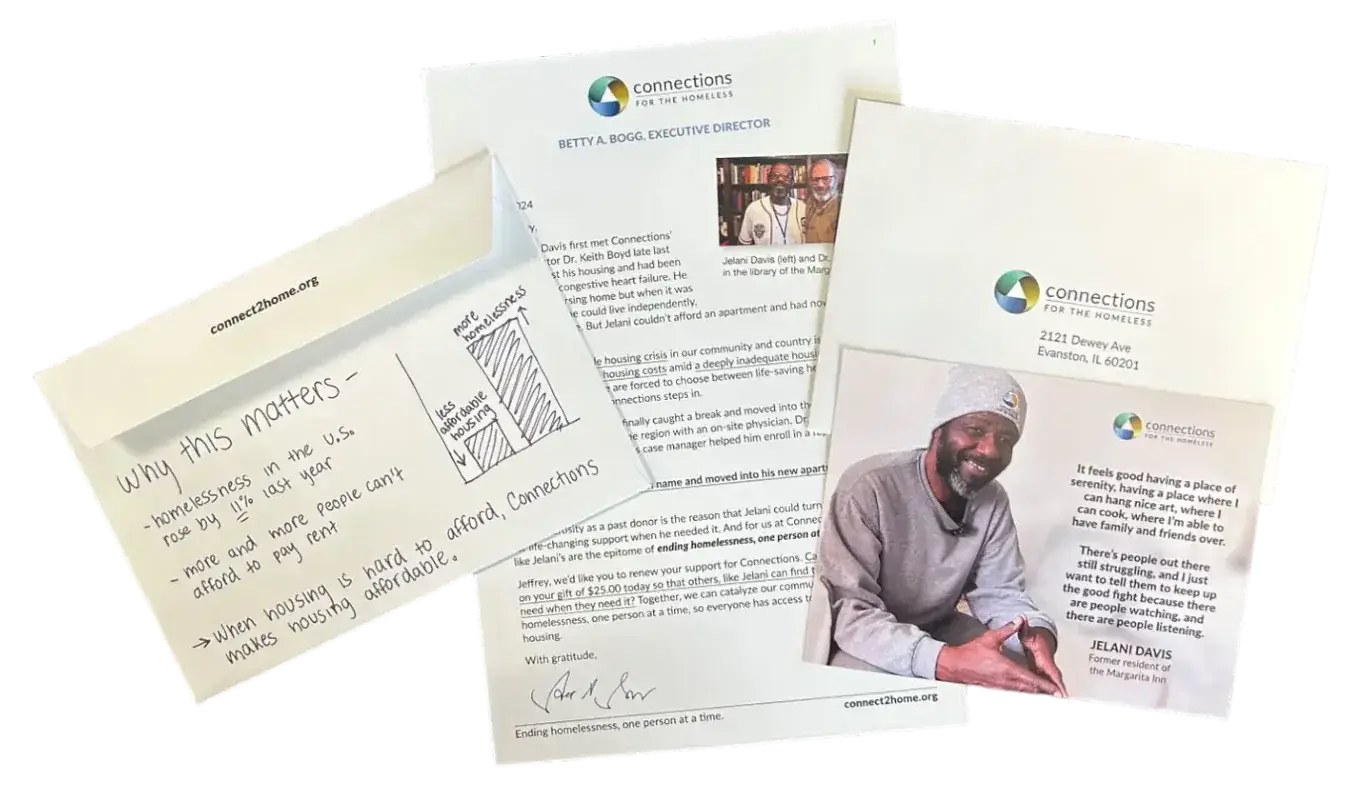 A donor appeal letter with a photo insert and handwritten-style envelope