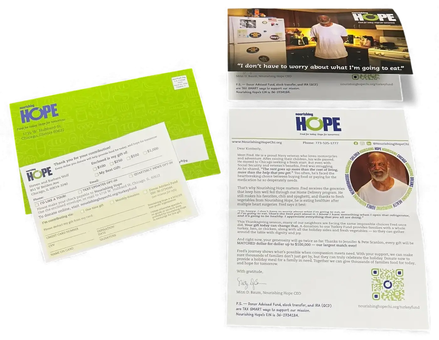 An appeal package with a full-bleed green outer envelope, letter and reply slip