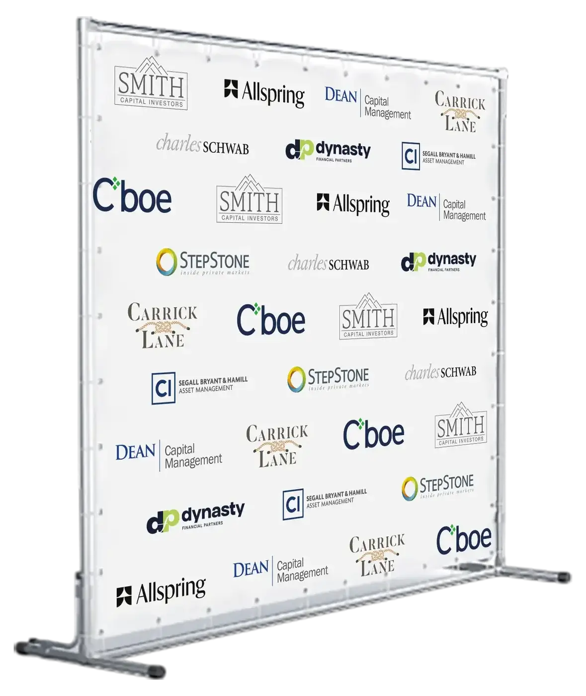 A step-and-repeat photo backdrop on a freestanding frame