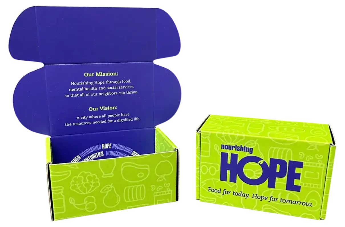 A printed mailing box for major donors, shown open and closed