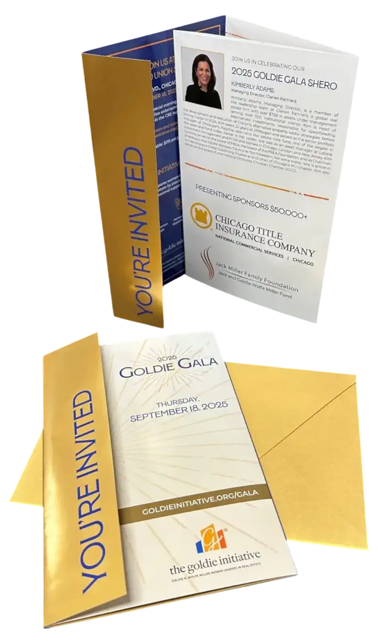 A folded benefit invitation with a metallic gold cover and matching envelope