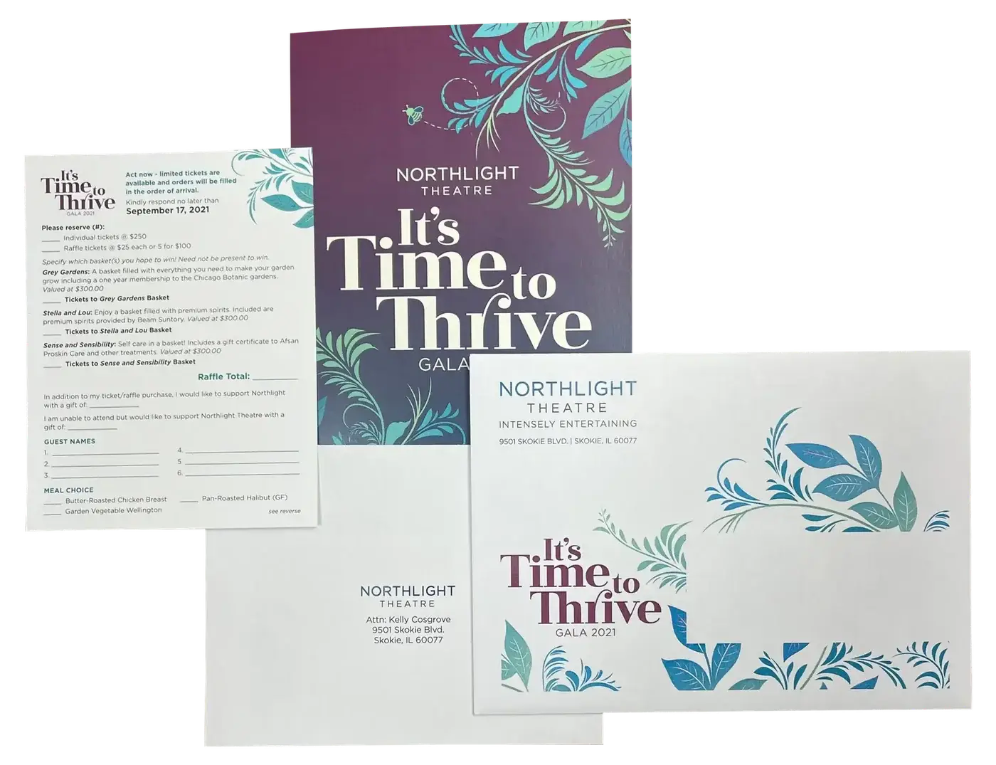 A theatre gala invitation package with a reply card, printed outer envelope and reply envelope