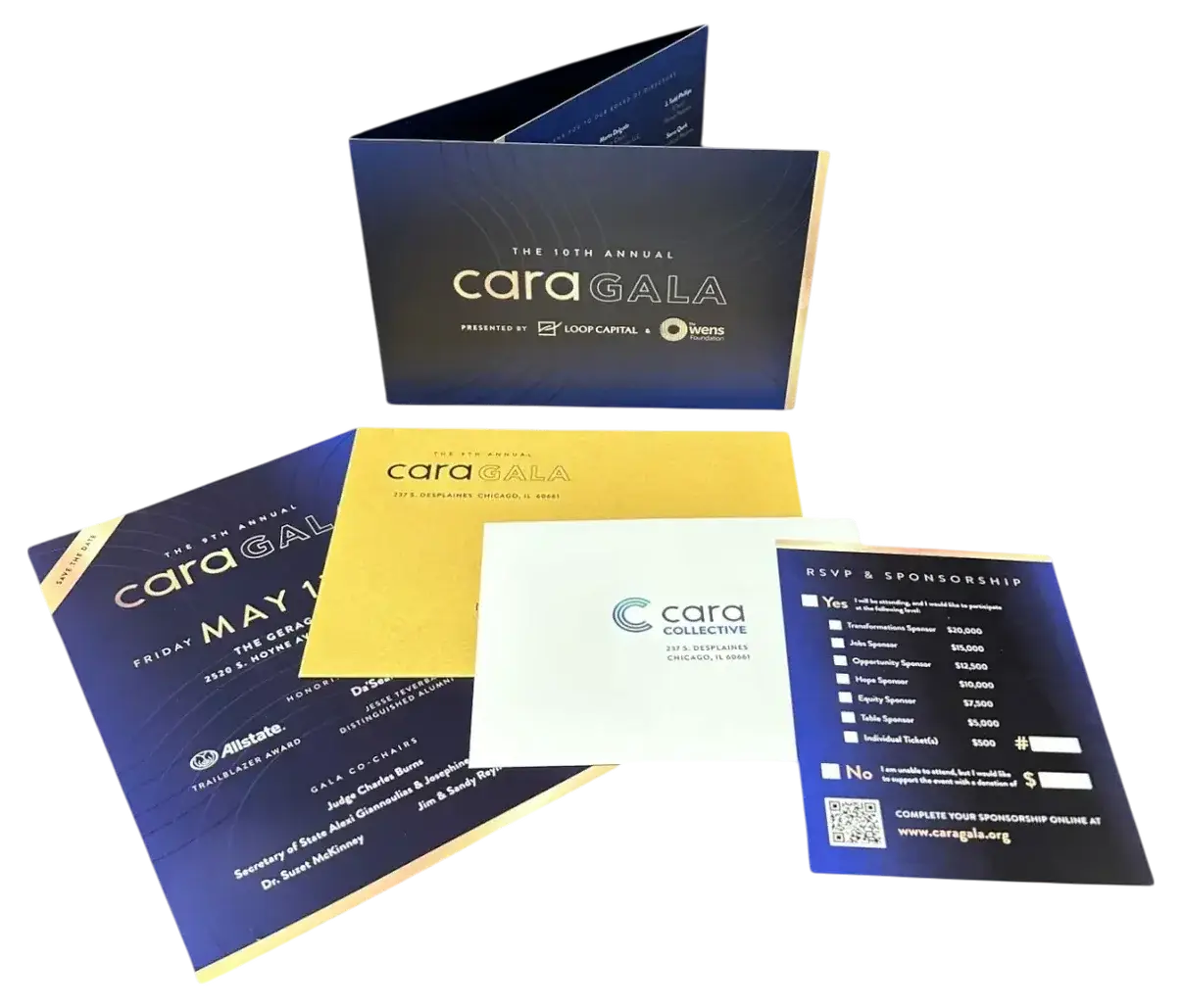 A gala invitation package with a full-bleed gold envelope, reply card and sponsorship form