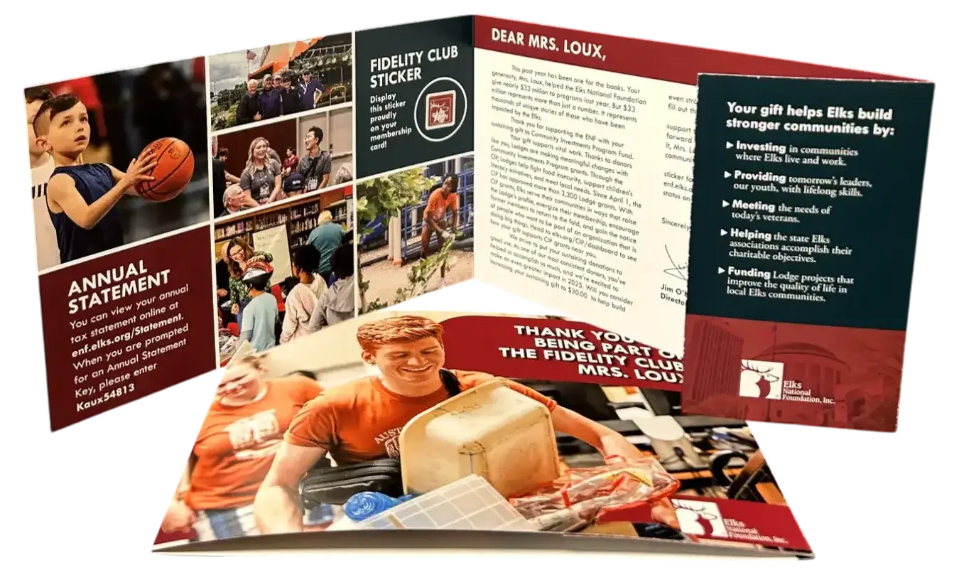 A multi-panel folded donor mailer with photographs and a tear-off card