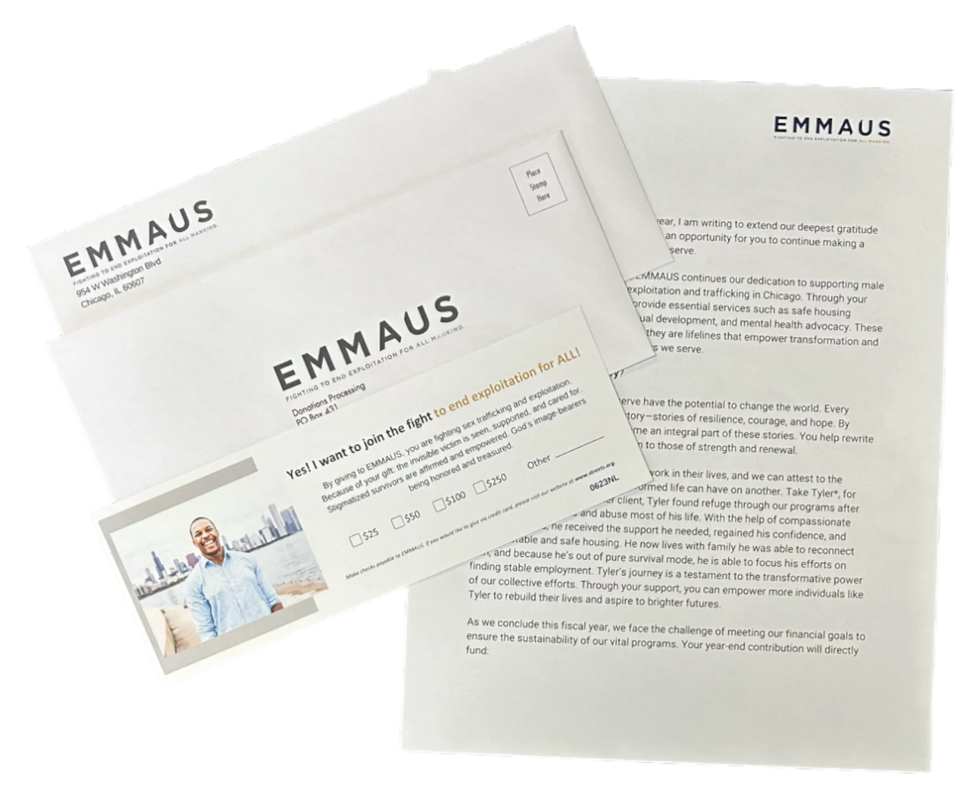 A nonprofit appeal package: outer envelope, letter, reply slip and reply envelope
