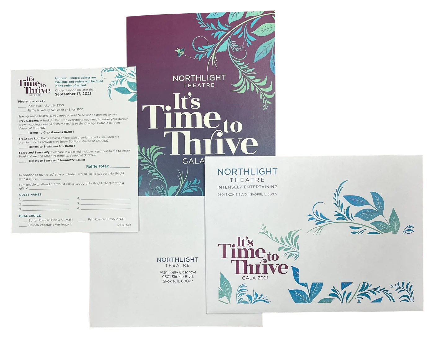 A gala invitation package: folded invitation, reply card, printed outer envelope and reply envelope
