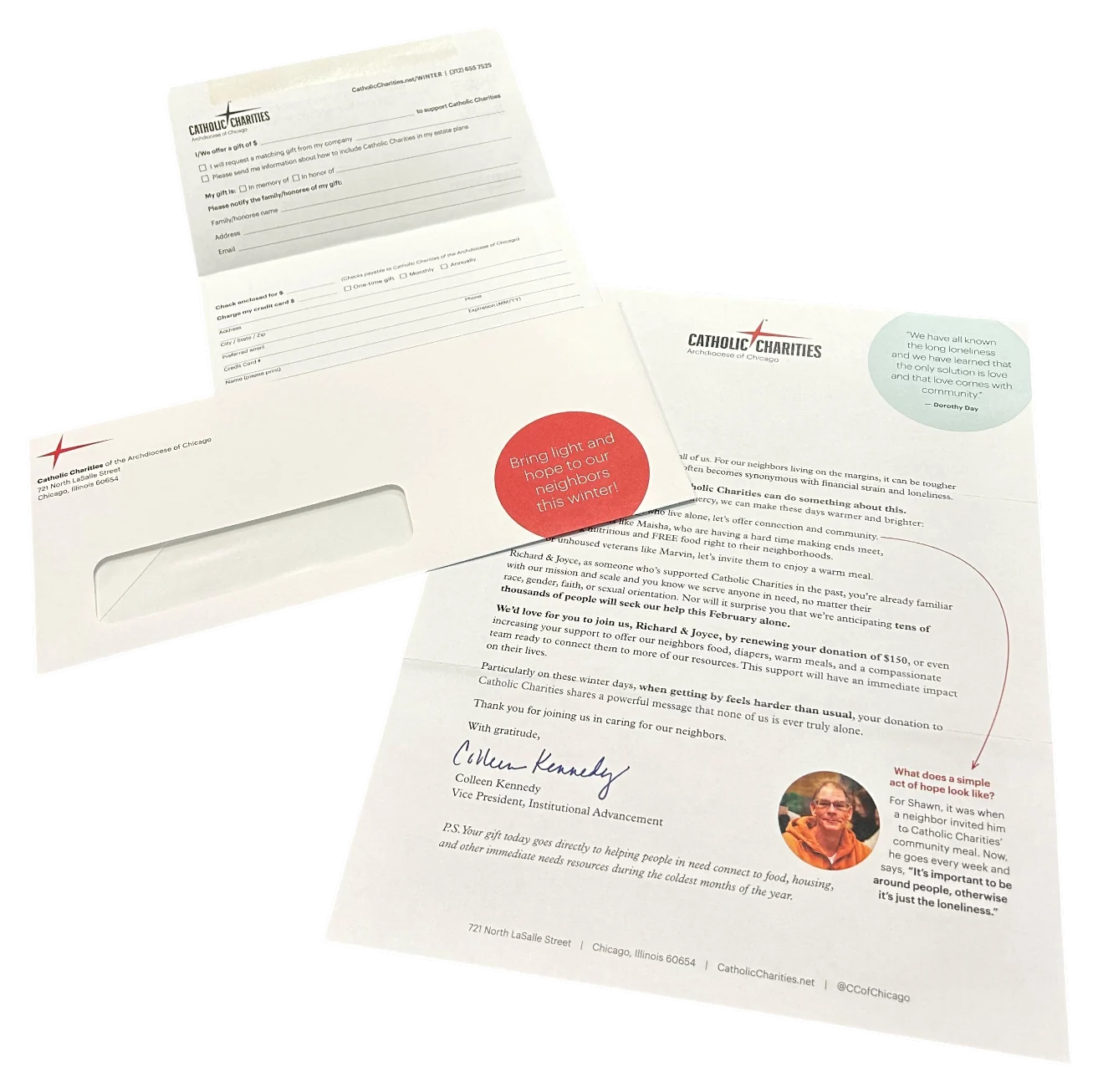 An appeal with a window outer envelope, letter and remittance reply form