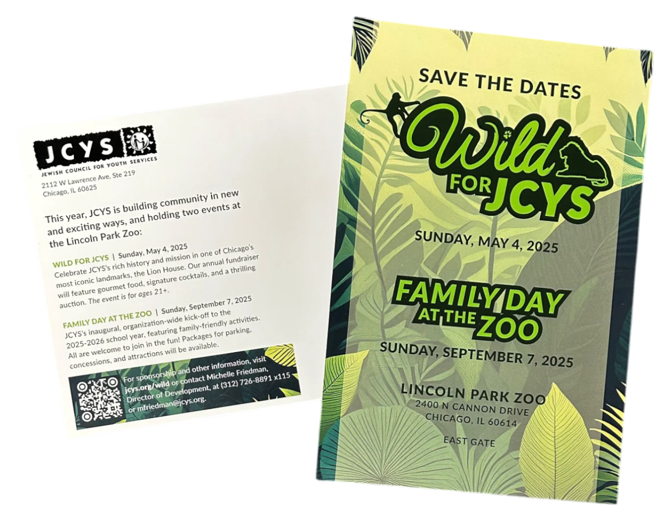 A two-sided save-the-date card for a nonprofit event, front and back