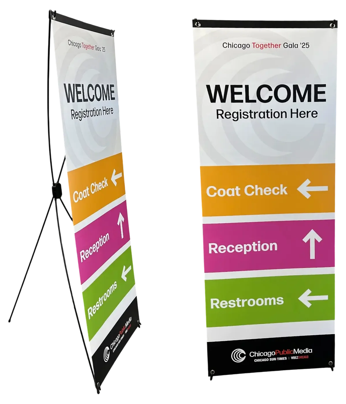 An event welcome and directional sign on a stand