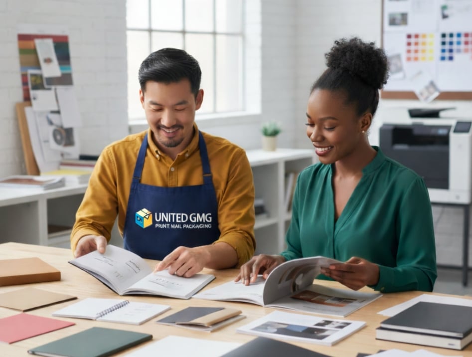 Two people paging through booklet samples at a work table
