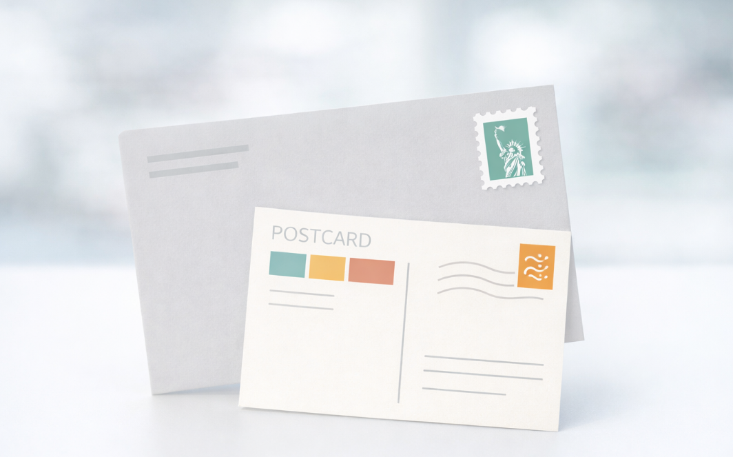 Stamped envelope and postcard prepared for First-Class Mail