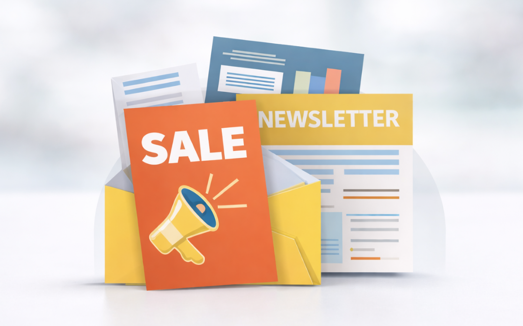 Sale flyer and newsletter fanned out of a yellow mailing envelope