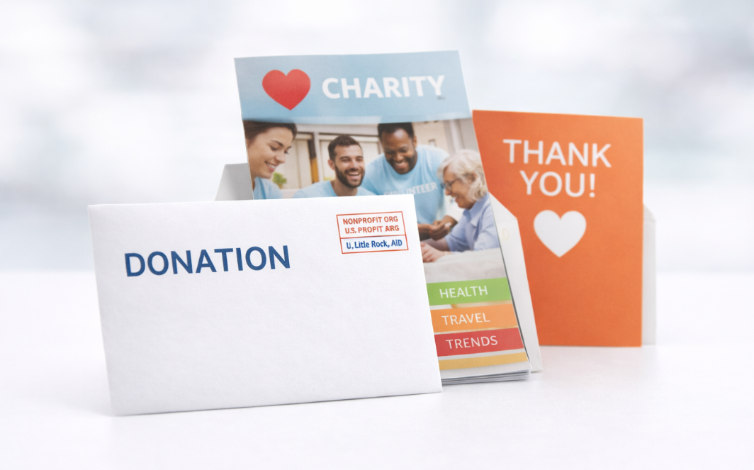 Donation envelope, charity brochure, and thank-you card