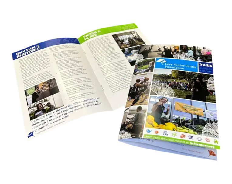 Annual report for Levy Senior Center Foundation open to show detailed updates and cover showing vibrant. full-cover photos