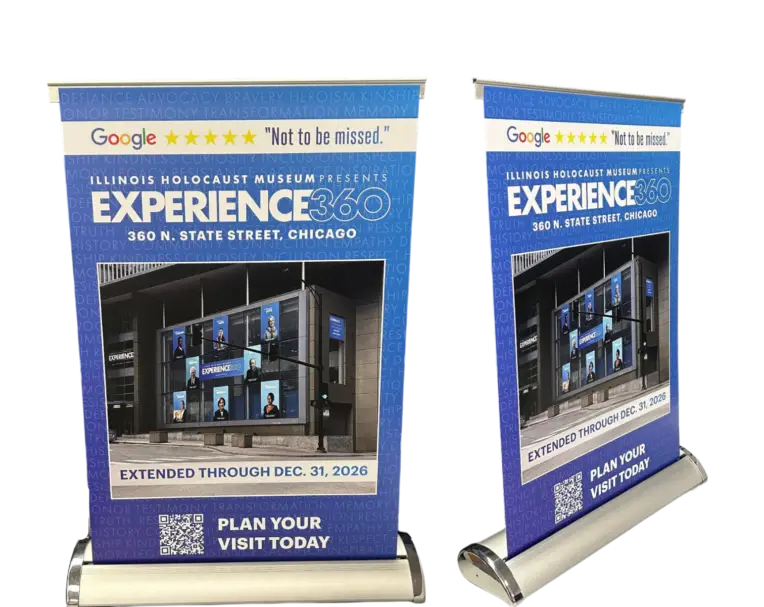 Tabletop retractable banner printed 1-side in full-color promoting Illinois Holocaust Museum and Education Center's "Experience 360" event